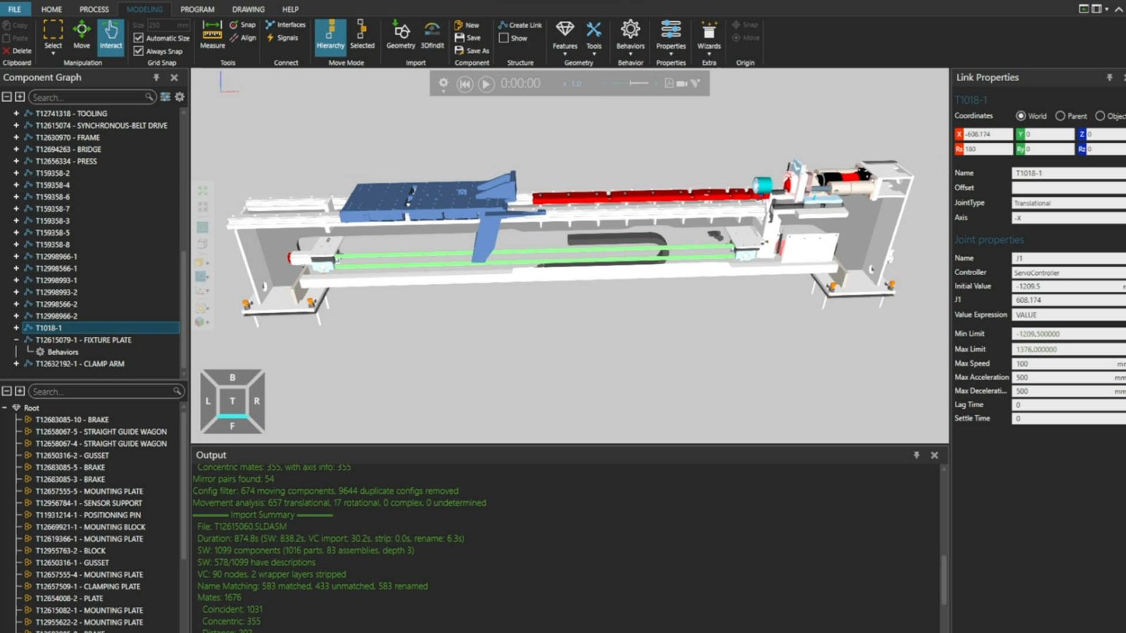 The automatically imported assembly structure, joints and motion data provide immediate insight into the operation of the complete system.