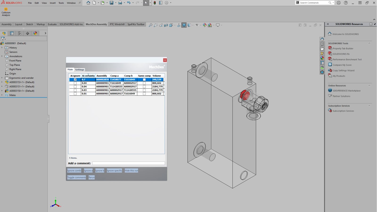 De resultaten van de Collision Tool die met behulp van AI zelf filtert welke aandachtspunten in het ontwerp beoordeelt moeten worden door de engineer.