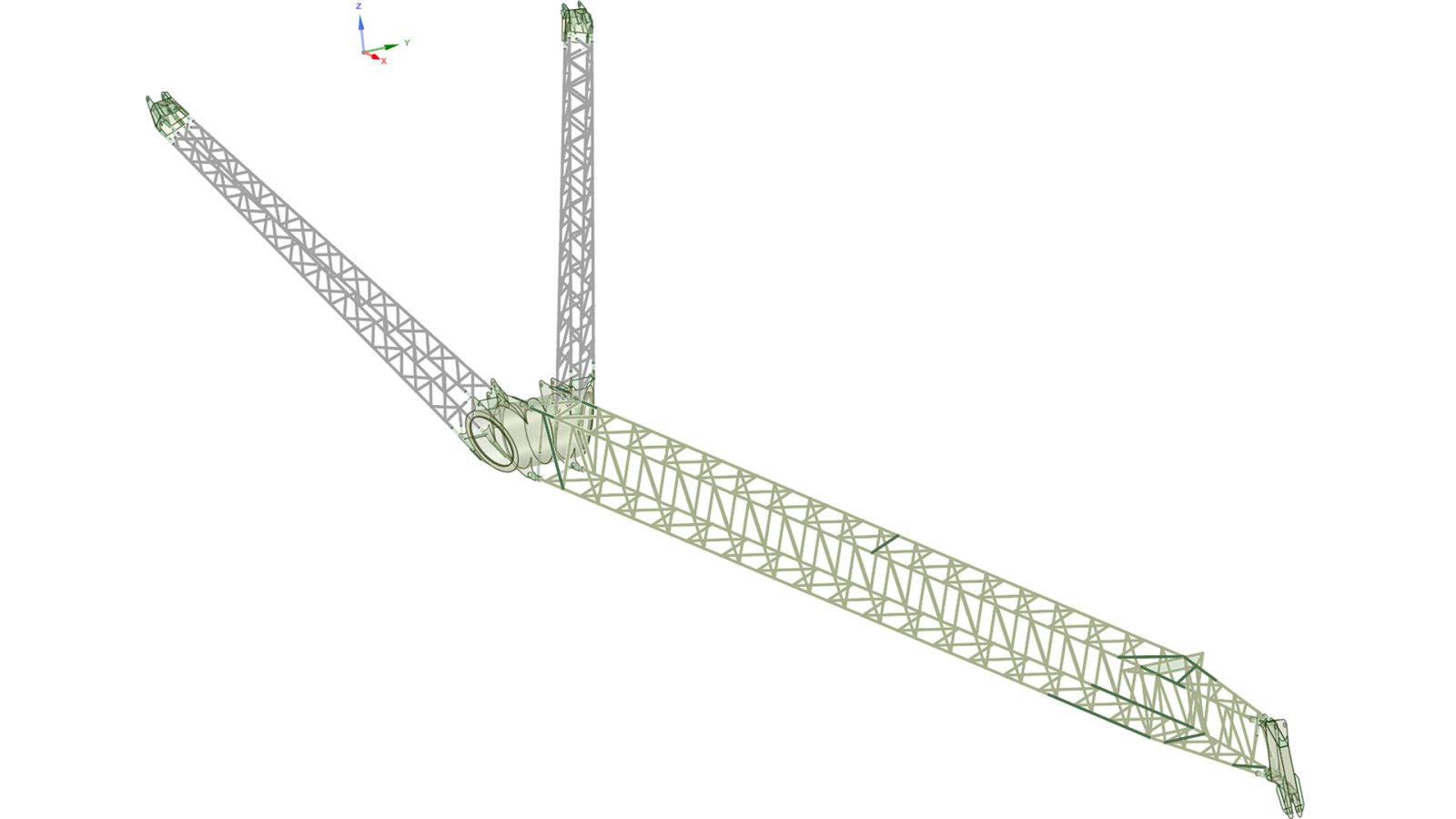 A LEC Crane model in ANSYS Discovery, formerly known as SpaceClaim, serving as the foundation for further structural analysis.