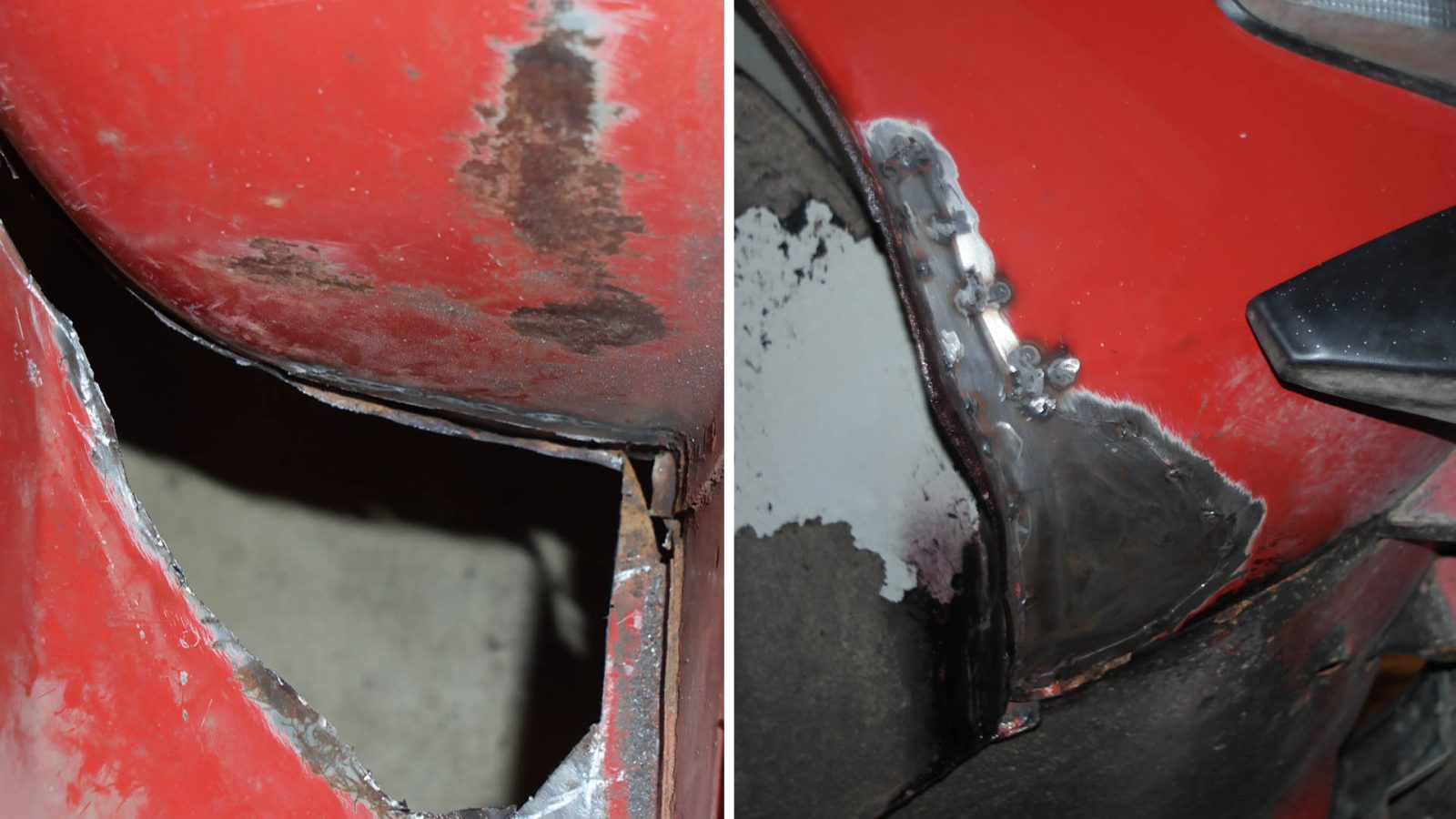 Some sections had become quite rusty over the years. I removed the damaged areas, shaped new sheet metal by hand, and welded it into place.