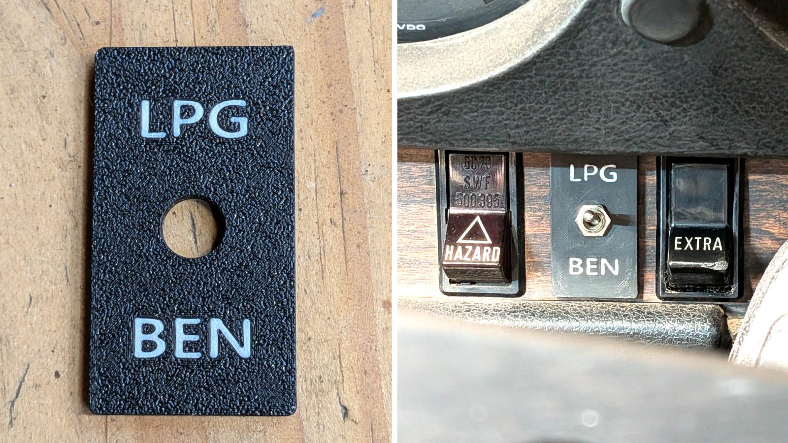 The 99L runs on both LPG and petrol. Since there was no provision for this in the dashboard, I installed a switch using a 3D-printed panel in an original opening while preserving the car's character.