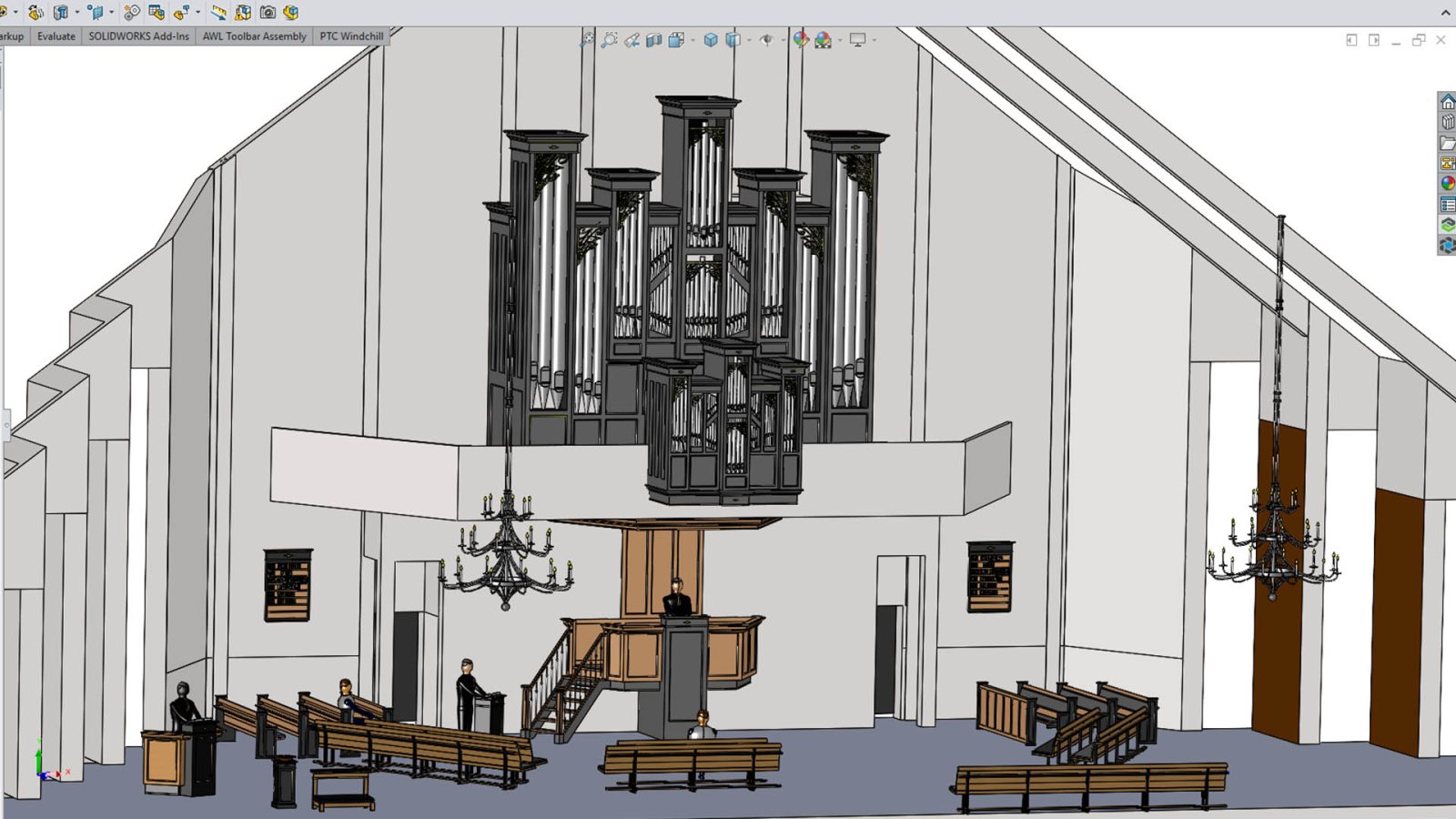 Like a true engineer, the church was of course first drawn in SolidWorks, after which the organ case and all other elements were positioned.
