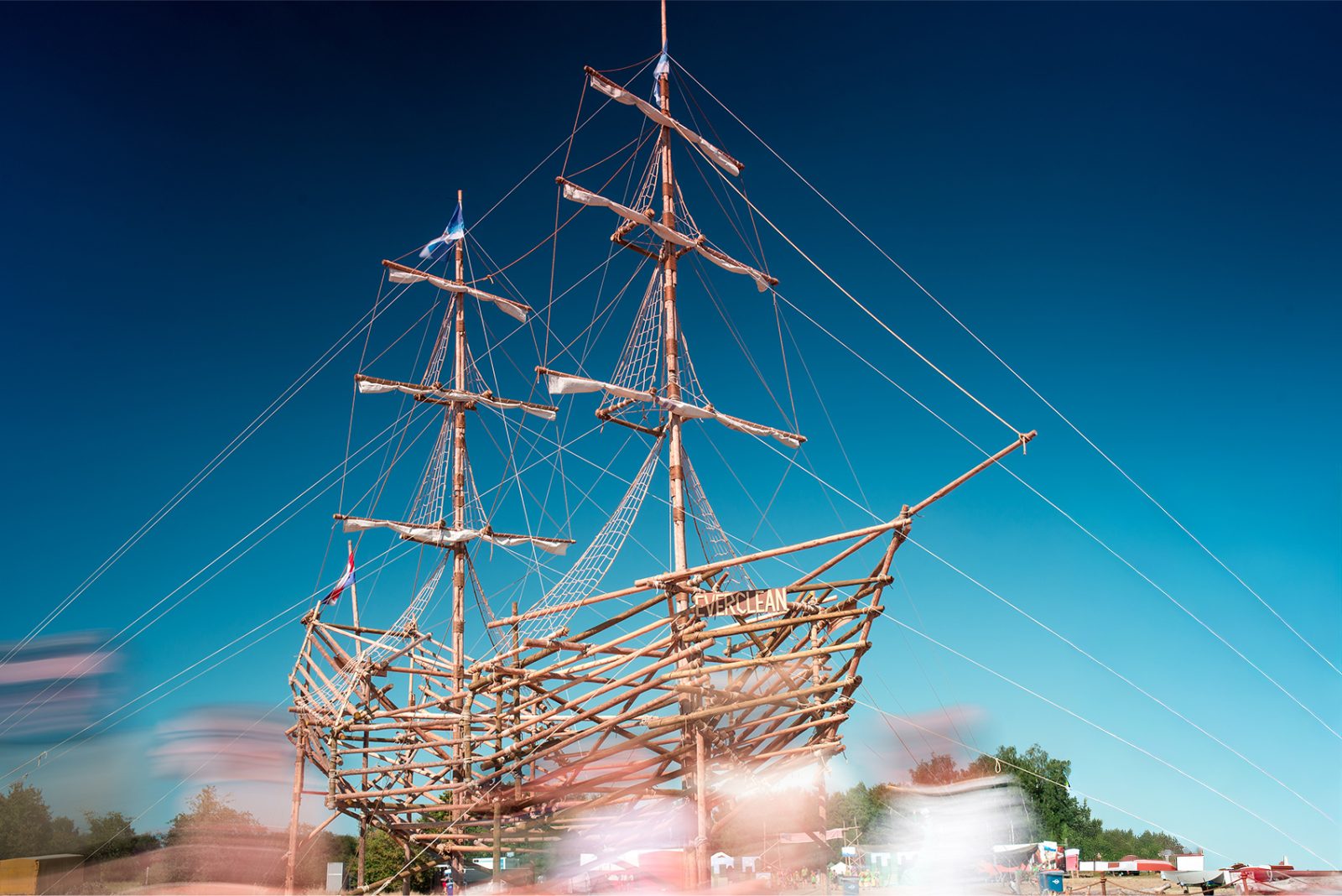 The life-sized two-masted ship with masts over 18 meters high during the national water camp with 4,000 scouts from across the Netherlands.