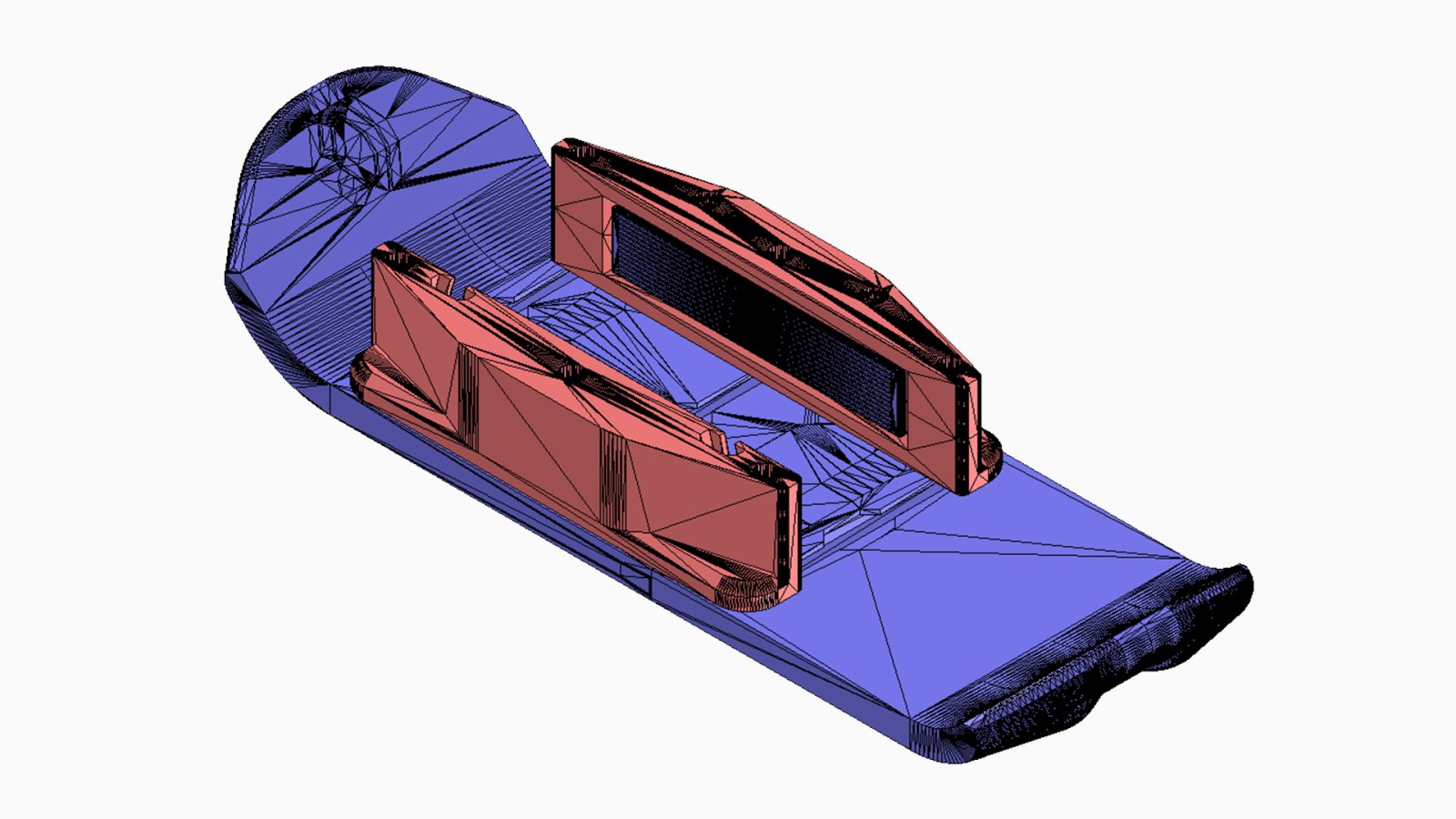 Isometric view of the ski in SolidWorks. After making several adjustments, Joost was able to 3D print the mini ski. Source of the 3D model: Bambu Lab MakerWorld.
