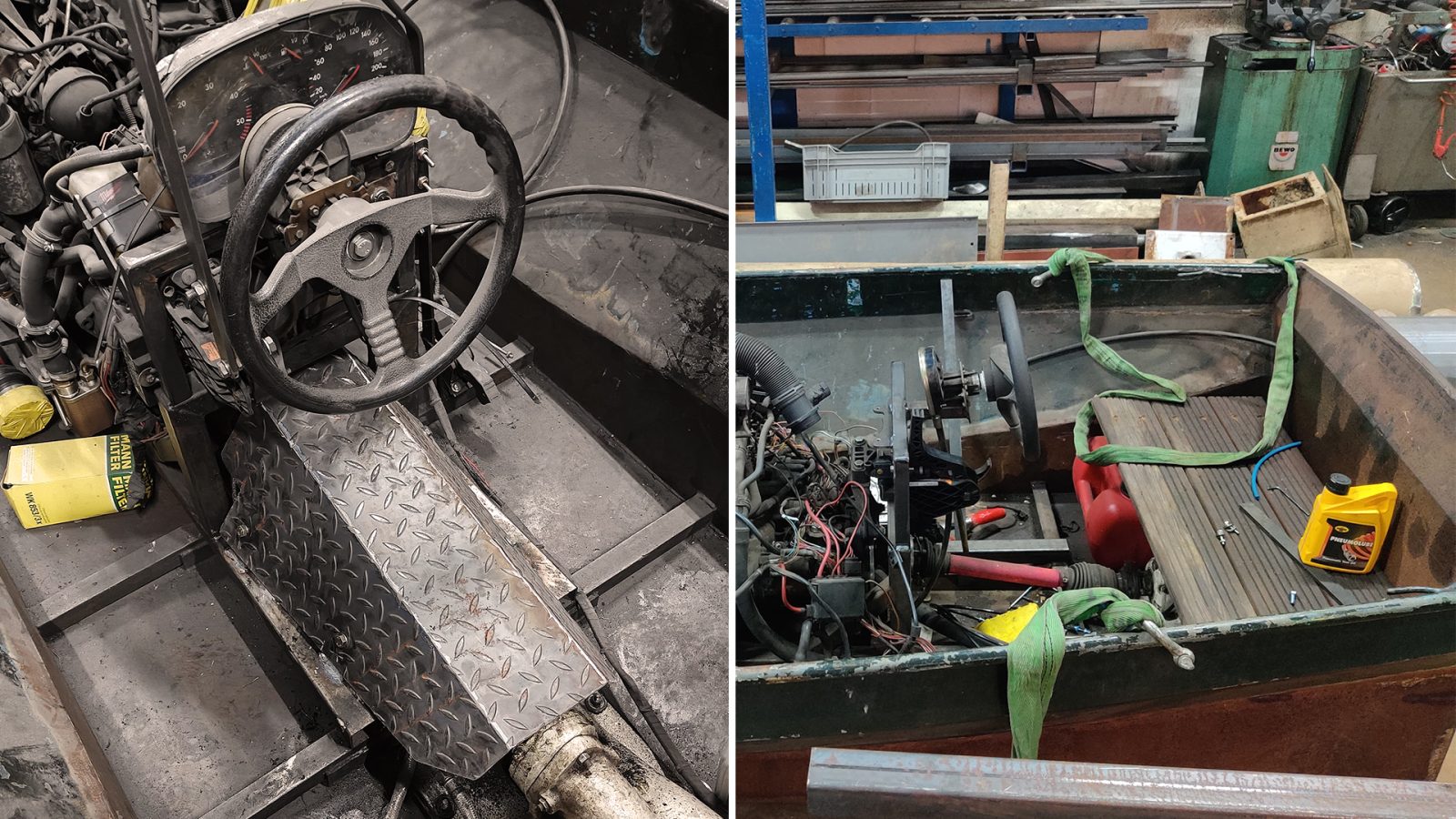 The dinghy cabin with original tachometers and the protective shield over the shaft.