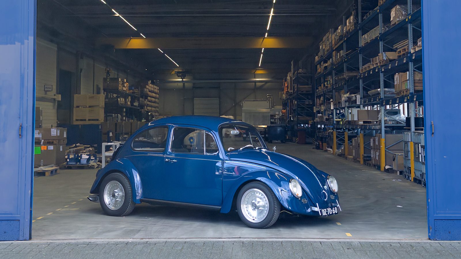 The Cal-Look Beetle in our factory hall, a special parking spot for a unique creation.