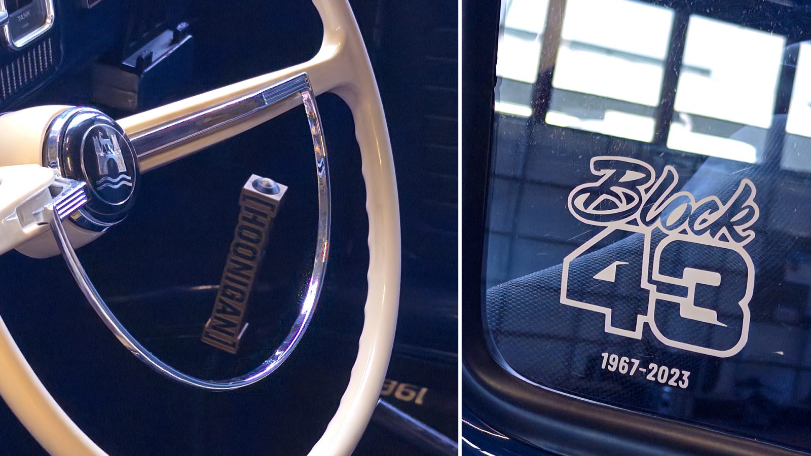 Stefan’s Beetle as a tribute to Ken Block: both share 1967 as their birth year, reflected in the unique Hoonigan gear knob and window sticker.