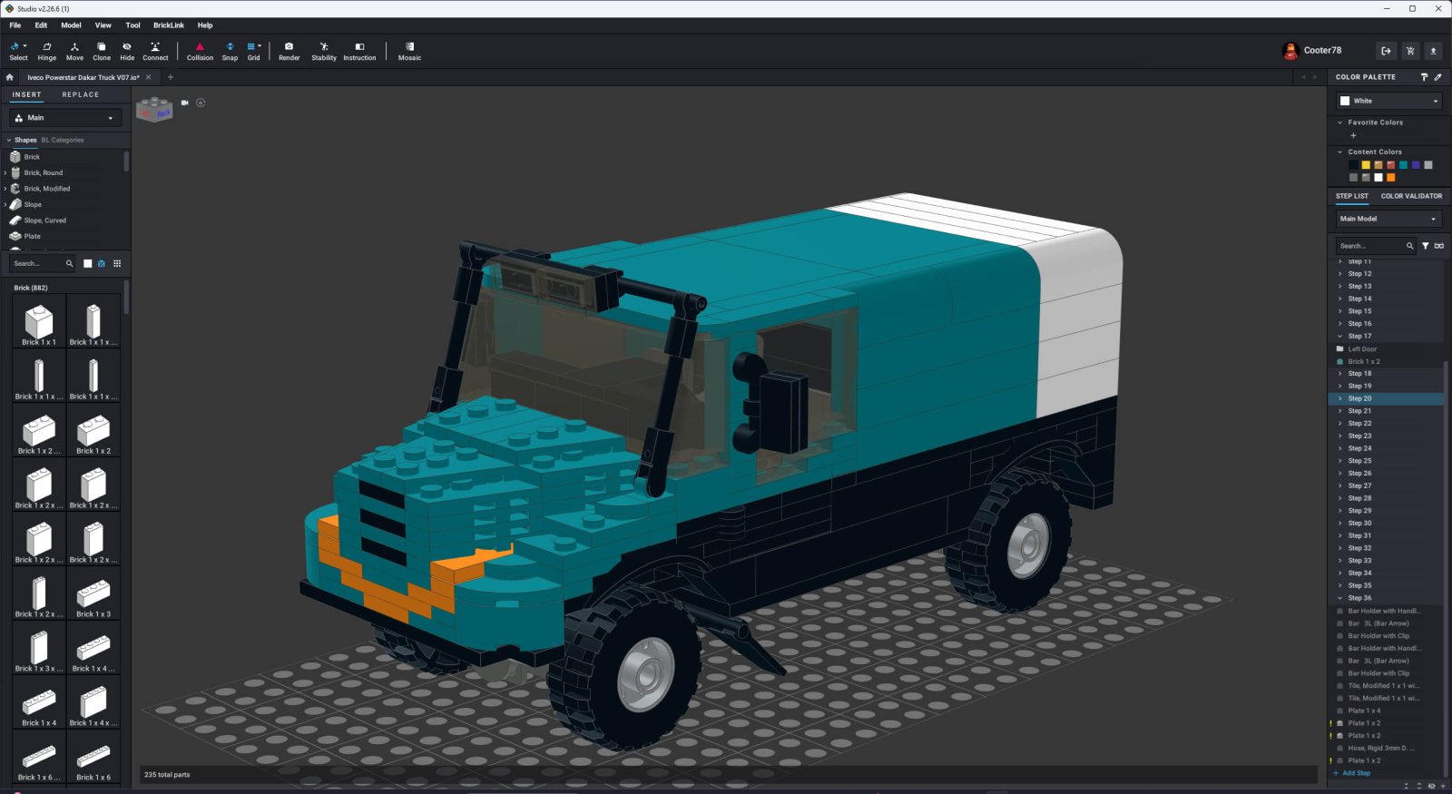 De Team De Rooy Dakar-truck in Stud.io op schaal van ca. 1:34. De truck opgebouwd uit 417 LEGO-steentjes en is ca. 20cm lang.