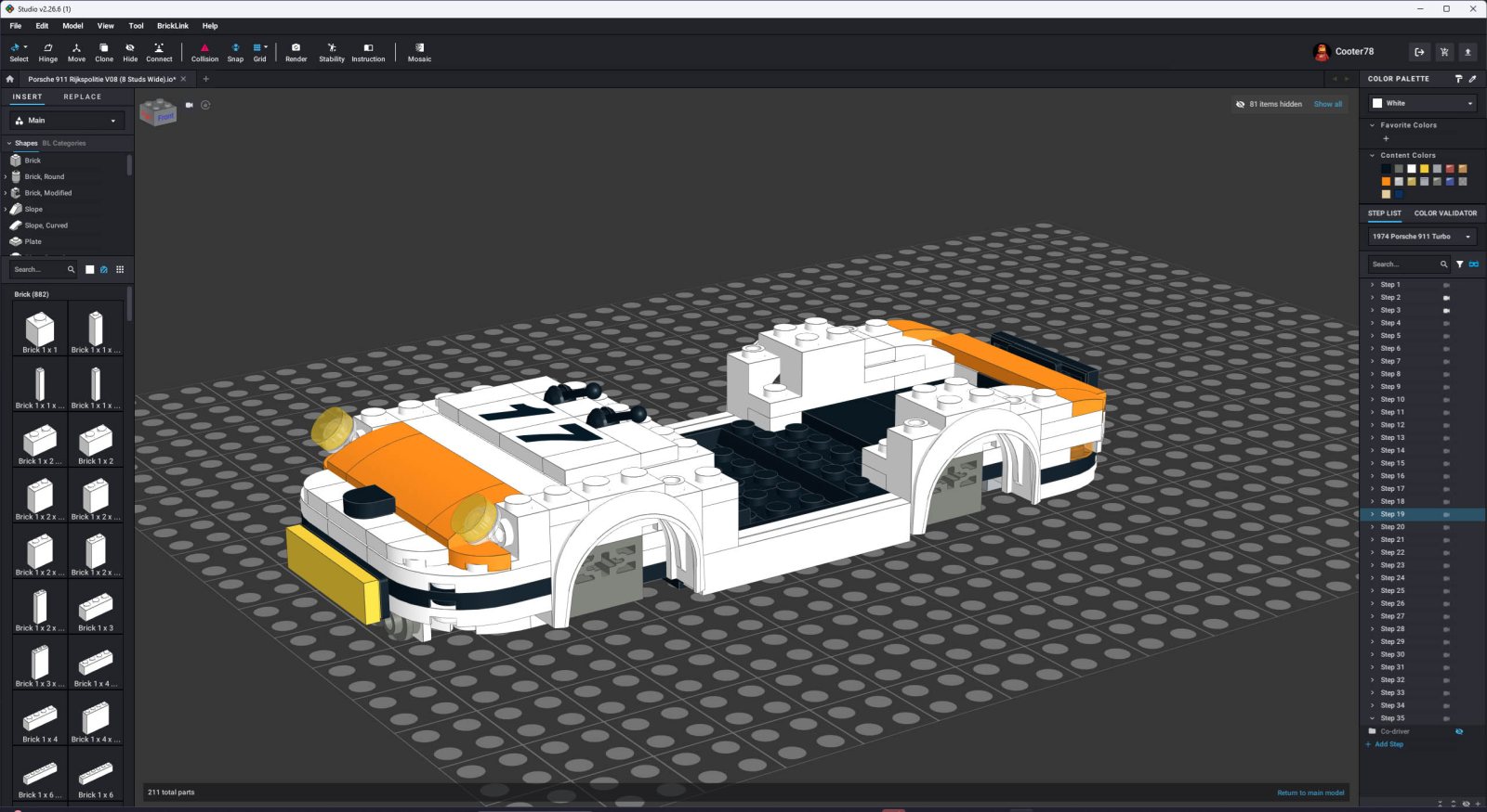 Het opbouwen van een LEGO-model in Stud.io vergt aardig wat tijd en inzicht, je bouwt het model letterlijk steentje voor steentje op.